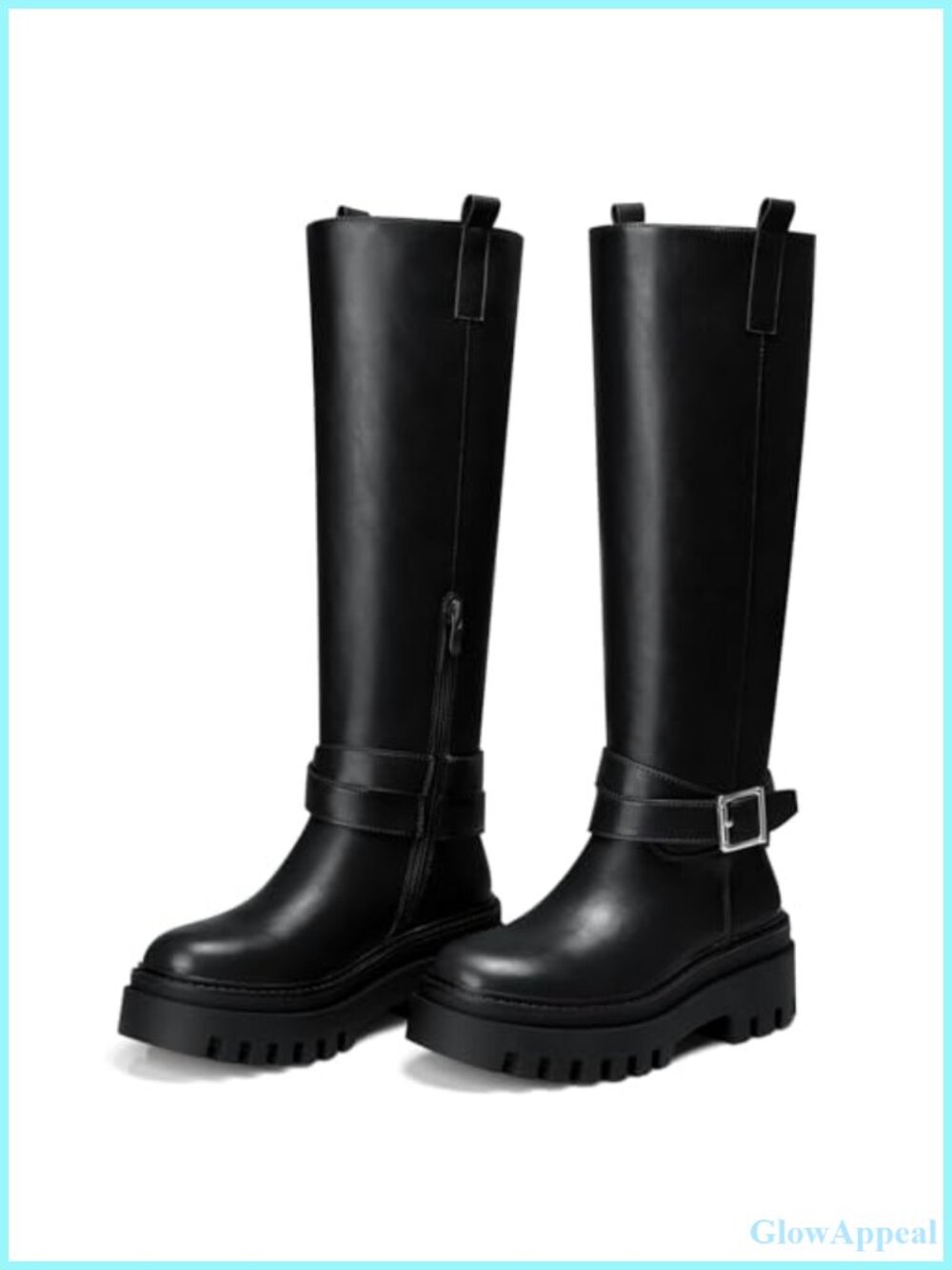 Women's Knee-High Boots Chunky Platform Faux Leather Round Toe Zip